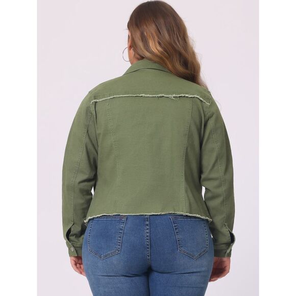 Plus Size Classic Washed Front Frayed Denim Jacket Green - Picture 4 of 5